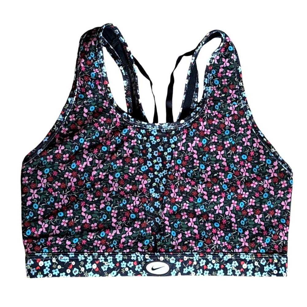 Nike Swoosh Support Printed Sports Bra, Black & Floral Mesh, Strappy Back, Large